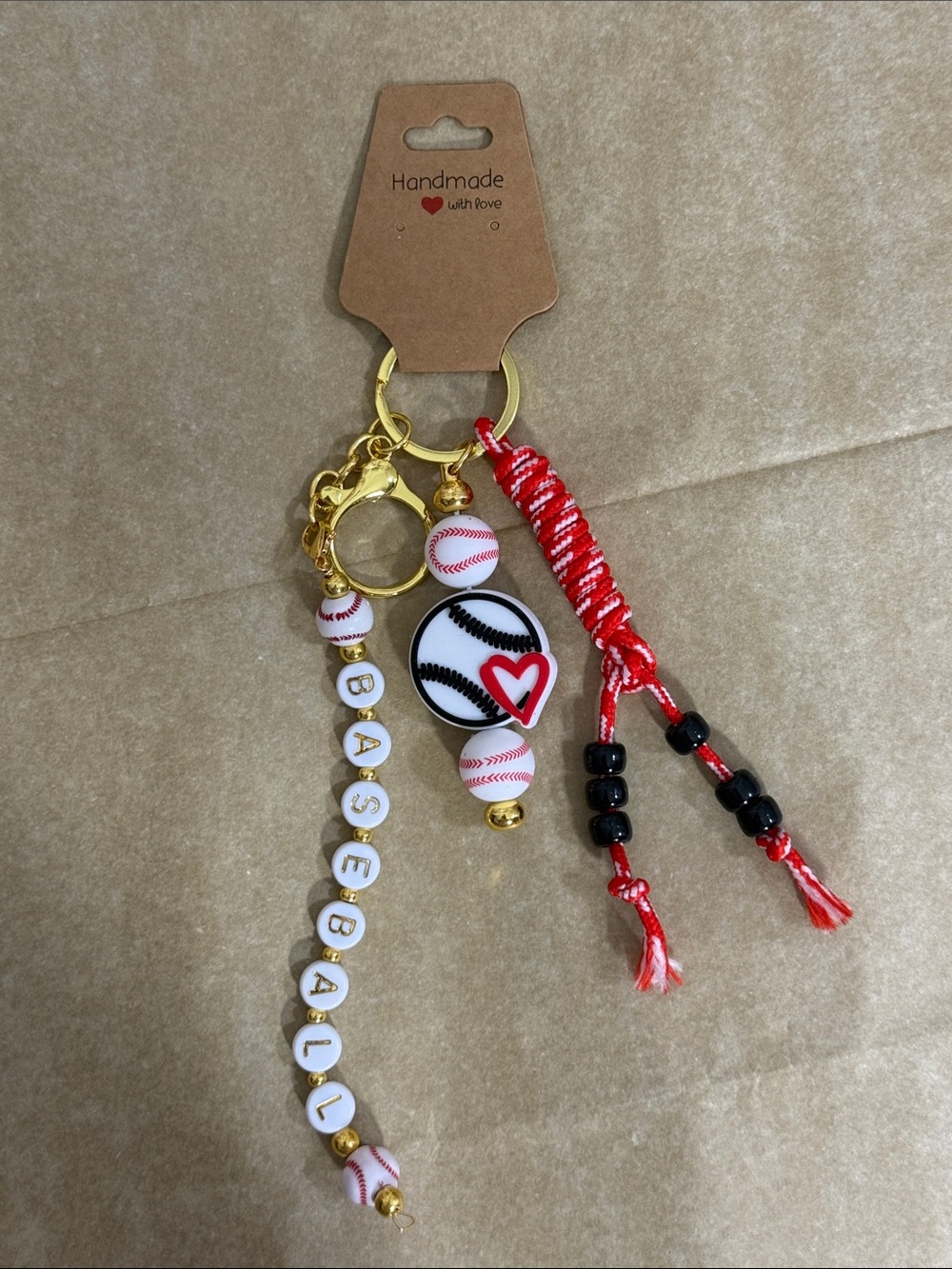 Handmade Red Baseball Charm Keychain with Beaded Tassels